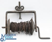 Early Pirn or Trolling winch reel in turned wood with iron brace with threaded spike and wing nut,