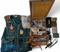 Fishing Accessories - 3x Fly tying vices and a gallows tool, box a various fly tying materials, a