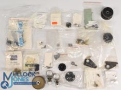 A box full of spare parts for reels, to include: Hardy, Daiwa, Duco and Mitchell. See photo