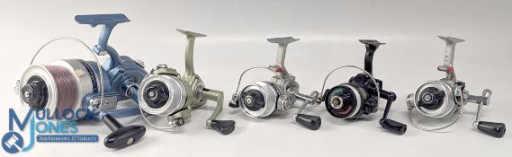 Collection of 5 vintage fixed spool fishing reels, including pair of Daiwa SS No.1 small spinning