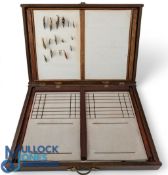 Homemade Fly-Tying wooden box, with foam inserts and a selection of Samon and Sea Trout flies