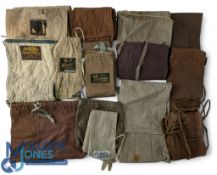14x vintage cloth rod bags, showing labels by William Garden of Aberdeen, Hardy, and some unnamed