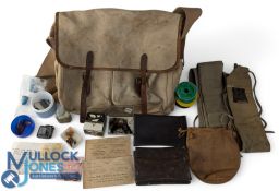 Period Canvas Fishing Tackle Bag, with fishing tackle - to include flies, Hardy rod bag, leather