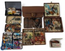 Collection of various fly boxes containing assorted flies - incl a white metal example holding a