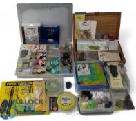 Collection of fly tying materials including feathers, dubbing, Chrystel twist and more, an Integra