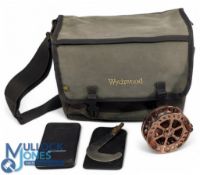Wychwood Fishing Shoulder Bag, contents incl a centre pin twin handle trotting reel, Ron Thompson