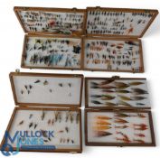 Collection of salmon flies in 4 wooden reservoir boxes, comprising a Bob Church triple layer box,