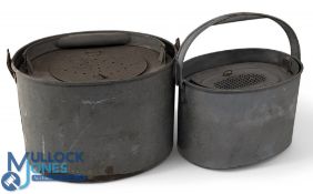 2x Period Galvanized Fishing Bait Tins kettles, with lids and inner compartments, one handle has age