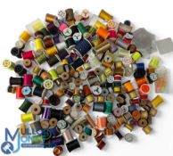 Large collection of Fly Tying Fishing Reels, cotton, flash, nylon, wire with wooden Pearsall's silks