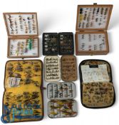 Salmon and Trout Fly Boxes, a collection to include 2 Wheatly slim alloy tins, 2 wooden boxes (one a