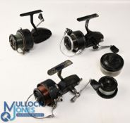 Three Mitchell reels, 300A, 301 & Mitchell Match, all working, condition poor, plus 2 spare