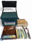 Shakespeare Fishing Tackle Box, with an added padded back rest, a selection of wooden tackle