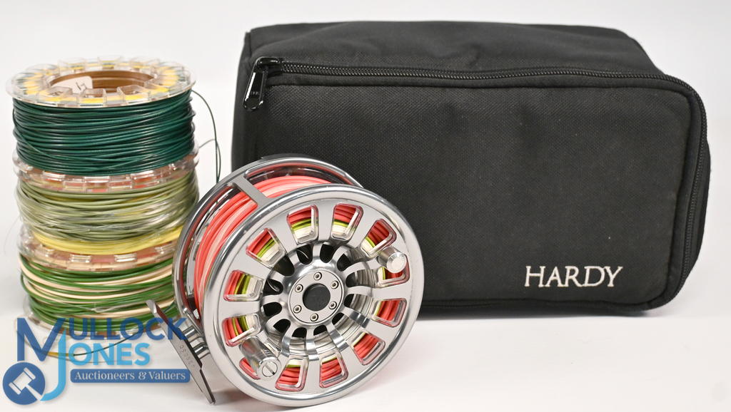 Hardy Bros "The Demon" 9000 alloy salmon cassette fly reel, complete with 3 spare cassettes, 4" wide