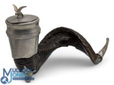 Wilson & Co Sharrow rams horn table snuff mull, with pewter mounts and spoon - #28cm x 21cm
