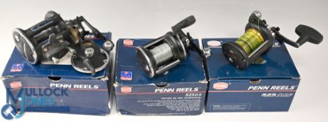 3x Penn multiplier reels: a 525GS, little used with spares, papers and MOB, a Penn 525 Mag cast
