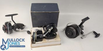 Early Mitchell spinning reel, boomerang check, good black finish, spare spool case (no spool), in