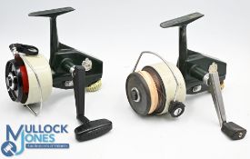 Pair of vintage Abu Cardinal 66 spinning reels, in green/cream, optional checks, rear drag