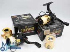 Pair of rare Daiwa Whisker SS1300 Tournament reels, in fine condition, black with gold accents, both