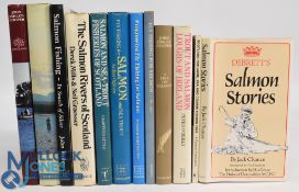 Twelve Salmon Fishing Hardback Books to include Debrett's Salmon Stories 1983 Jack Chance,