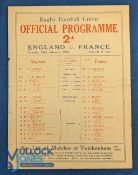 1930 England v France Rugby Programme: Last visit to Twickenham for the French before their 'ban'