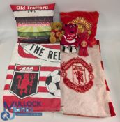 Manchester United Football collectables: cushions, Teddy bears, bed throws, one a vintage throw made