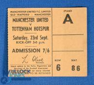 TICKET: 1967/68 Div. 1 Manchester Utd v Spurs 23 September 1967, Stand A seat 86 ticket; fair/