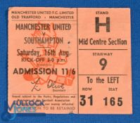 TICKET: 1969/70 Div. 1 Manchester Utd v Southampton 16 August 1969 Stand H, seat 165; creases,