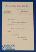 Pre-WW1 1912/1913 Manchester United Football Club Ltd letter headed to R Roberts (player) from J J