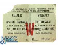 1953 Ticket for Eastern Transvaal Rugby Match v Australia: Corner ripped for entry, otherwise G