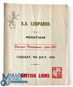 Scarce 1974 British & I Lions v SARB Leopards Rugby Programme: Another historic first, the Lions v a