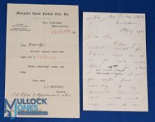 Pre-WW1 Manchester United Football Club Ltd letter headed to R. Roberts (player) from J J Bentley