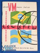 1958 World Cup Final match programme Sweden v Brazil in Stockholm 29 June 1958; good. (1) NB: