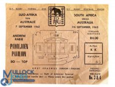 1963 SA v Australia 4th Test Rugby Ticket: Slightly creased but very collectable Port Elizabeth