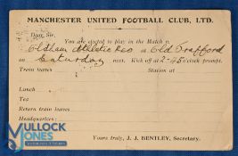 Pre-WW1 1913/1914 Manchester United Football Club Ltd player selection card for the match v Oldham