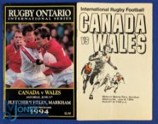 1994 Canada v Wales Rugby Test Programmes (2): Matches at Hamilton and at Markham, Canada, neat