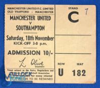TICKET: 1967/68 Div. 1 Manchester Utd v Southampton 18 November 1967 Stand C, seat 182 ticket;