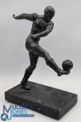 Bronzed metal Footballer Figure, on marble base, possibly a presentation piece has a mark from