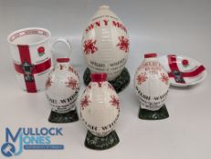 Welsh Whisky Rugby Ball Bottles: one small bottle is still full, 80% proof, 3 empty rugby ball