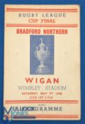 1948 Rugby League Cup Final Souvenir Pirate Programmes, card with a crease to middle, team changes