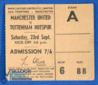 TICKET: 1967/68 Div. 1 Manchester Utd v Spurs 23 September 1967 Stand A, seat 88 ticket; fair/