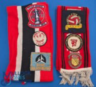 c1970 Manchester United Football Scarf, with a collection of 14 patches sewn on