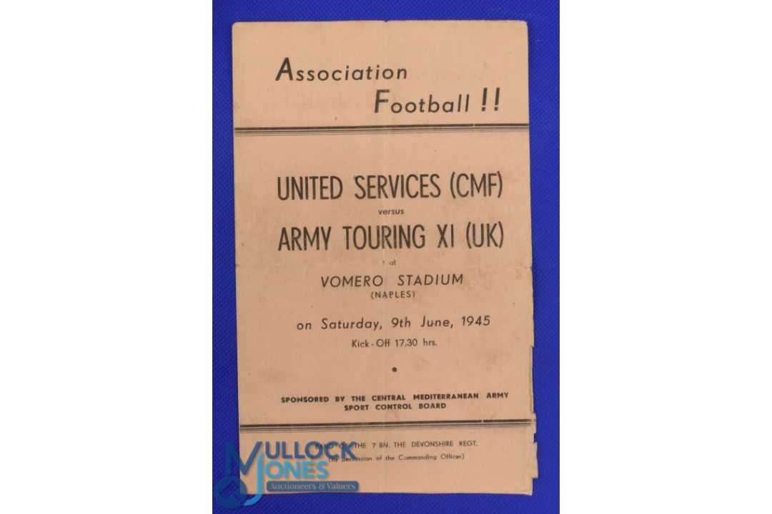 1945 United Services (CMF) v British Army Touring XI (UK) 4 page match programme at the Vomero