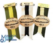 1953 Three Label Ribbon Badges from the Rugby Tour to SA (3): Lovely, different, large safety-pinned