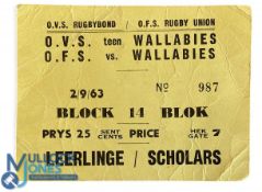 1963 Orange Fee State v Australia Rugby Ticket: Yellow & black Scholars' ticket for the big game. G