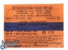 1953 Signed Ticket for the 1st Rugby Test, S Africa v Australia: Lovely large clean example,
