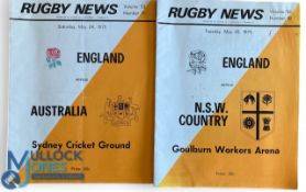 1975 England in Australia Rugby programmes (2): Similarly-colour-covered issues v Australia (1st