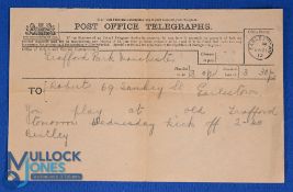 Pre-WW1 1912/1913 Manchester United Football Club Ltd Post Office telegraph to R Roberts: you are
