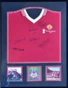 Replica 1977 Manchester United Football Shirt, signed by 1977 team member of S Coppell, S Pearson, L