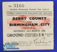 Ticket: 1946 FAC s/f card match ticket 23 March 1946 Derby County v Birmingham City at Sheffield