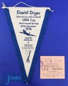 1976/77 UEFA Cup football pennant AEK Athens v Derby County 20 October 1976 1st leg match; also